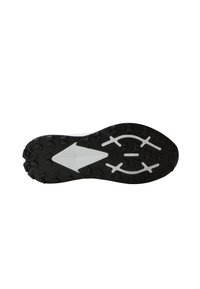 Suola in gomma nera con punte di trazione multidirezionali. Accenti bianchi in una forma aerodinamica, caratterizzati da un logo e dettagli di pattern specifici.
