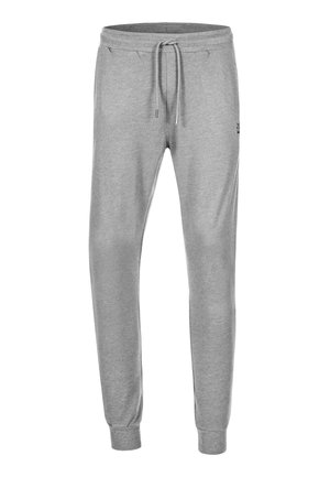 Pantalones de chándal grises fabricados en una suave mezcla de algodón, con cintura ajustable con cordón, bolsillos laterales y puños acanalados en los tobillos.