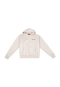 Cremfarbene Kapuzenjacke mit einer Fronttasche, Kordelzugkapuze, gerippten Bündchen und Saum, mit einem kleinen Logo auf der oberen linken Seite.