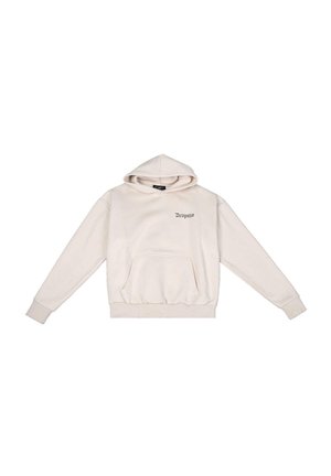 Cremfarbene Kapuzenjacke mit einer Fronttasche, Kordelzugkapuze, gerippten Bündchen und Saum, mit einem kleinen Logo auf der oberen linken Seite.