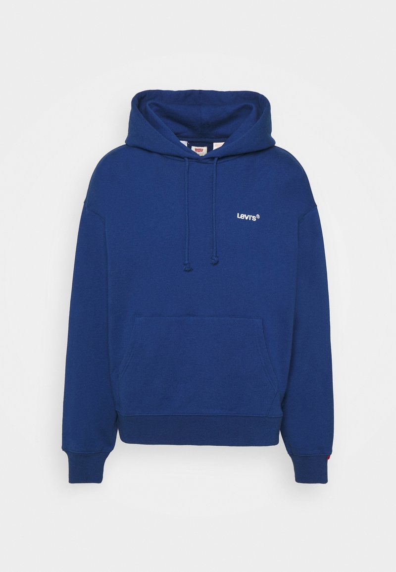 Sudadera color azul marino hecha de mezcla de algodón, con un bolsillo canguro, cordones ajustables y pequeño logo blanco en el pecho.