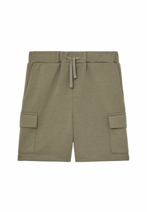 Oliven grøn cargo shorts med elastisk talje, snøre, sidelommer og klaplommer på begge lår.