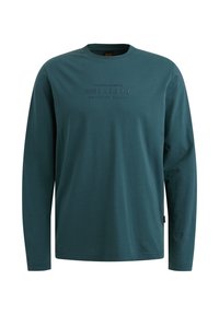 Langærmet t-shirt i teal farve lavet af bomuld, med rund hals og præget tekst: "PME LEGEND AMERICAN CLASSIC" på brystet. Blød tekstur.