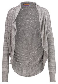 Ljust grå öppen stickad cardigan med långa ärmar och ett texturerat cirkulärt mönster. Mjukt, stickat tyg med fransade kanter för en avslappnad passform.