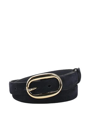 Black suede belt with an oval shiny gold metal buckle and adjustable holes, rolled at the edges on a white background.