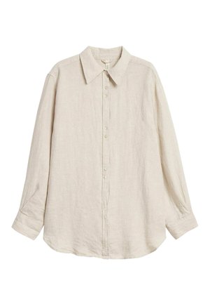 Beige linnen overhemd met lange mouwen, knoopsluiting, kraag en manchetten, plat weergegeven tegen een witte achtergrond.