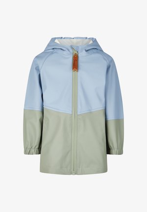 Zweifarbige kindgerechte wasserdichte Jacke mit Kapuze, oberer Teil hellblau, unterer Teil hellgrün, Frontreißverschluss mit brauem Zugtab, und elastischen Bündchen.