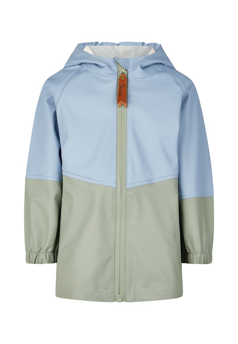 Zweifarbige kindgerechte wasserdichte Jacke mit Kapuze, oberer Teil hellblau, unterer Teil hellgrün, Frontreißverschluss mit brauem Zugtab, und elastischen Bündchen.