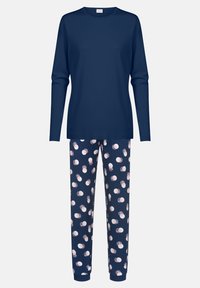 Haut à manches longues bleu marine associé à un pantalon de pyjama à motifs avec des pois blancs et roses sur fond bleu foncé, fabriqué en tissu doux.