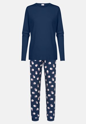 Navy long-sleeve top paired with patterned pajama pants featuring white and pink dots on a dark blue background, made from soft fabric.