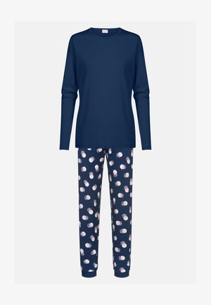 Navy long-sleeve top paired with patterned pajama pants featuring white and pink dots on a dark blue background, made from soft fabric.