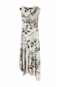 Rochie fără mâneci, de culoare bej deschis, cu modele abstracte negre și maronii. Decolteu drapat și hem asimetric, realizată dintr-un material moale și lejer.