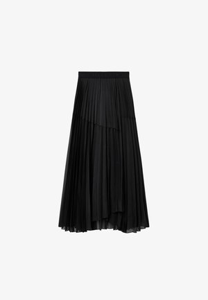 Zwarte geplooide midi-jurk met een textuurontwerp en een elastische tailleband. Bevat gelaagde secties voor extra diepte.