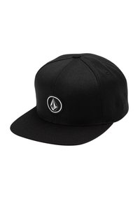 Casquette snapback noire en tissu texturé. Présente une visière plate, un design à six panneaux et un écusson en forme de cercle à l'avant.