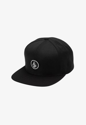 Casquette snapback noire en tissu texturé. Présente une visière plate, un design à six panneaux et un écusson en forme de cercle à l'avant.