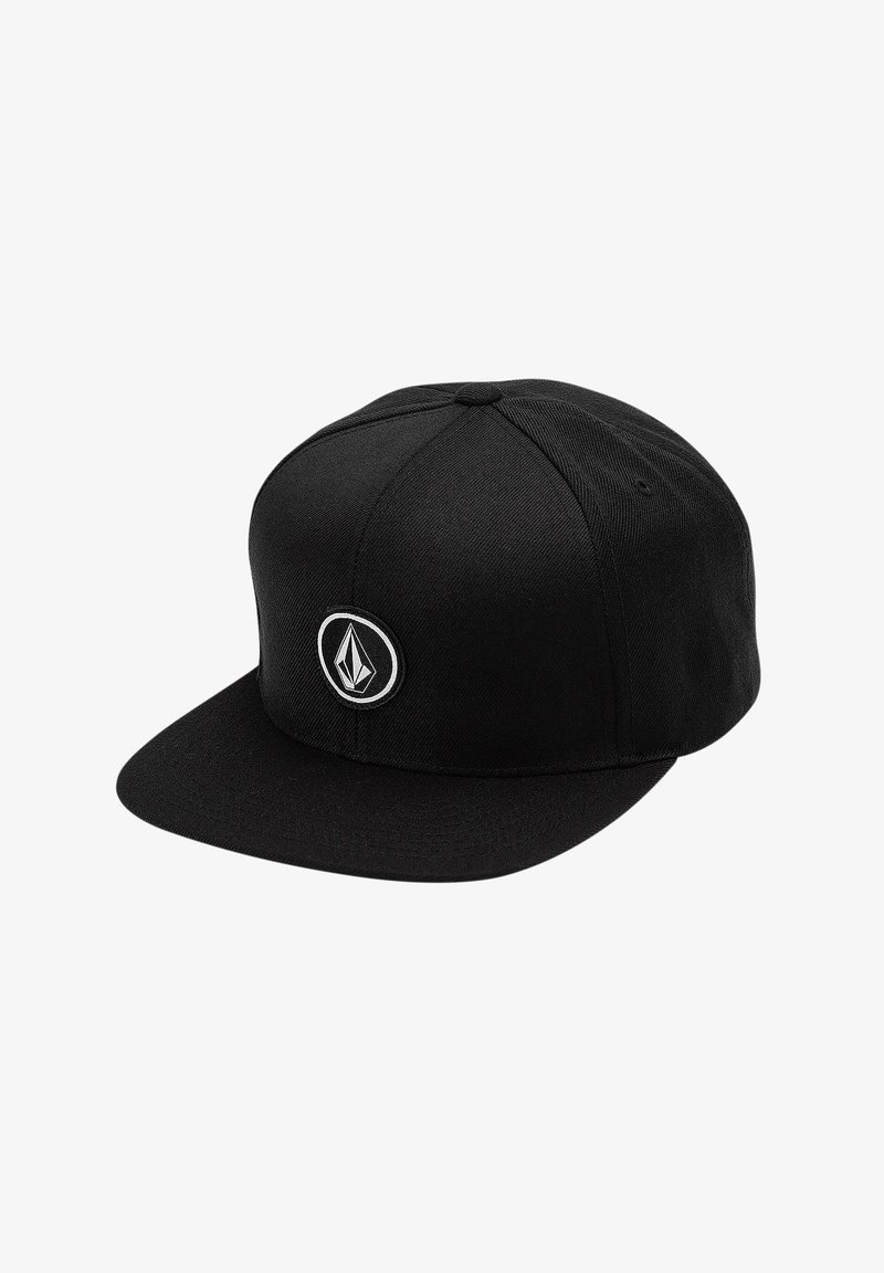 Black snapback cap made of textured fabric. Features a flat brim, six-panel design, and a circular logo patch on the front.