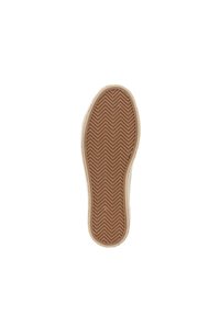 Braune Gummisohle mit Fischgrätmuster, mit einer helleren Farbe umrandet. Strukturiert für besseren Grip, Rundschuhdesign, minimale Details.