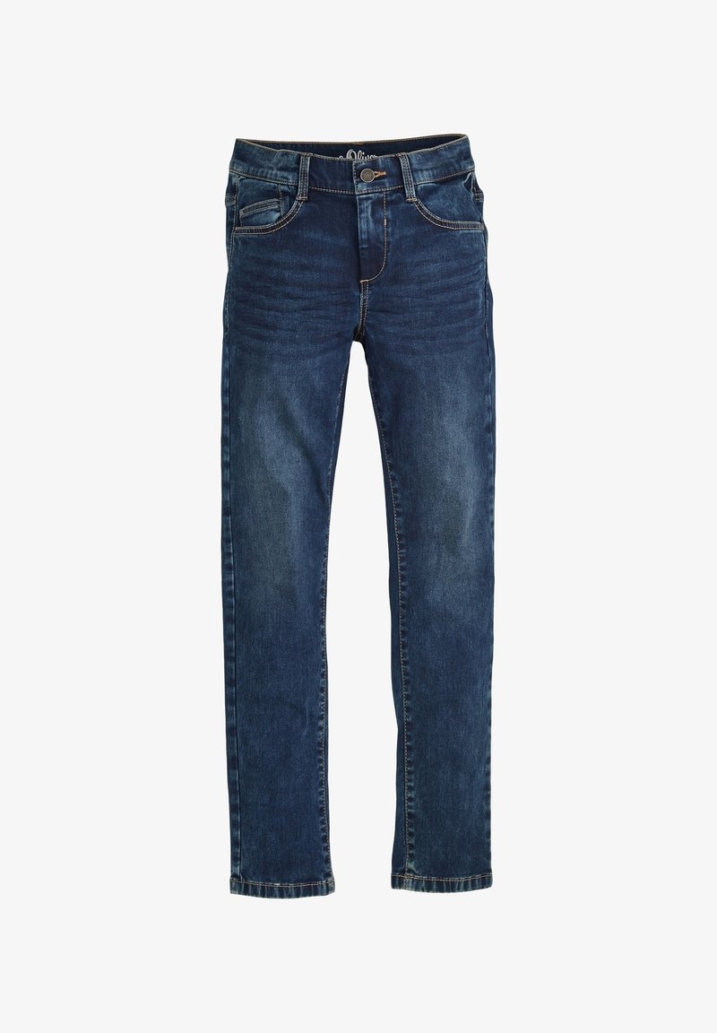 Jean slim bleu foncé avec bouton et zip devant, cinq poches et coutures contrastantes, présenté sur fond blanc.