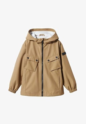 Chaqueta marrón con capucha y cremallera frontal, puños elásticos, dos bolsillos en el pecho con solapas y forro interior blanco.