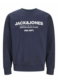 Sweat-shirt à col rond bleu marine avec texte blanc "JACK&JONES" et petites lettres en cursive et en majuscules sur le devant.