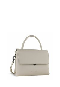 Borsa beige con un design strutturato, texture in pelle liscia, manico superiore e tracolla removibile. Caratterizzata da una chiusura magnetica e dettagli con logo.