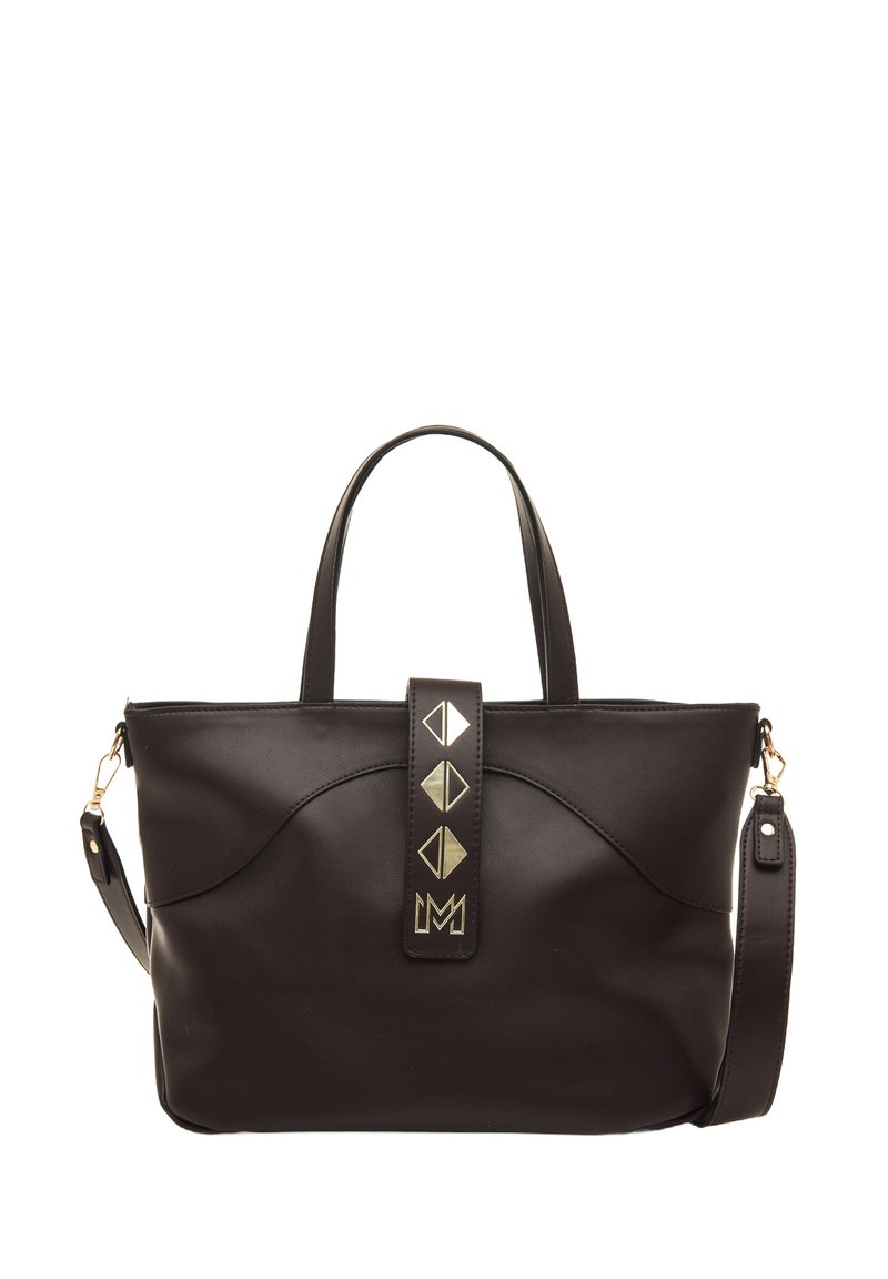 Borsa a mano in pelle nera con due manici e tracolla regolabile. Caratterizzata da una fibbia decorativa con accenti metallici e una superficie liscia.