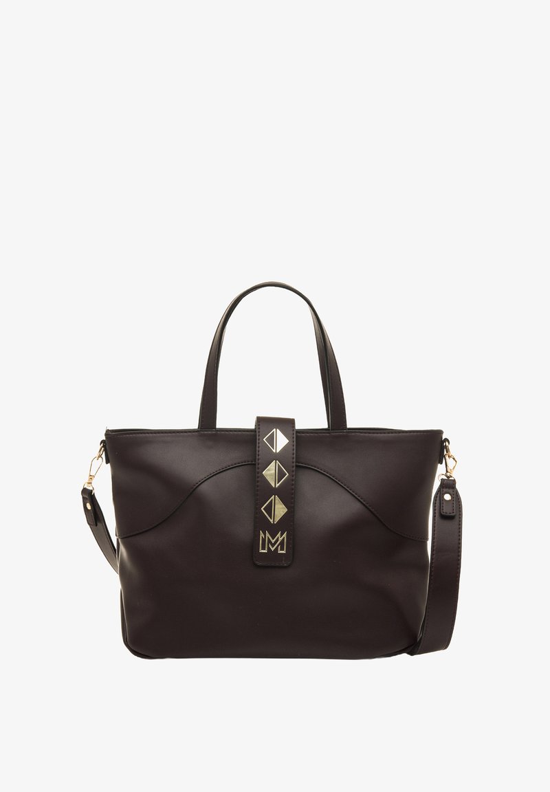Sac à main en cuir noir avec deux poignées et une bandoulière réglable. Caractéristiques d'une boucle décorative avec des accents métalliques et une texture lisse.