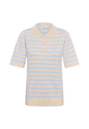 Beige und hellblau gestreiftes Polohemd mit kurzen Ärmeln, drei Knöpfen und klassischem Kragen.