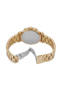 Orologio in acciaio inossidabile dorato con bracciale a maglie, dotato di un fondello in argento, tre pulsanti laterali e una chiusura a deployante.