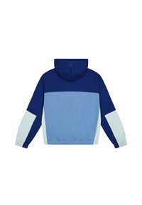 Felpa con cappuccio in blu navy e azzurro chiaro. Presenta un design a blocchi di colore con polsini elasticizzati e un'etichetta con il logo sul collo. Tessuto liscio.