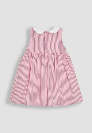 Ruusupinkki raidallinen mekko valkoisella kauluksella, takana nappisuljenta ja täyteläinen kootut helmat. Pehmeä kangas.