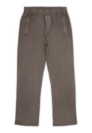 Pantaloni grigi in felpa con una texture morbida, vita elastica, due tasche laterali e un logo decorativo sulla coscia.