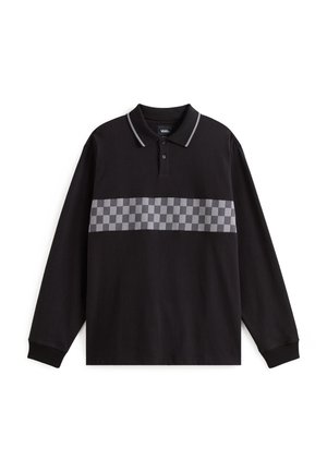 Zwarte long-sleeve polo met een ruitpatroon over de borst in grijs. Heeft een contrasterende kraag en manchetten.