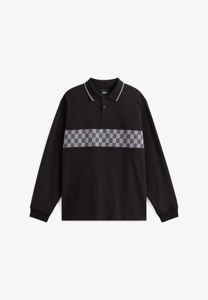 Zwarte long-sleeve polo met een ruitpatroon over de borst in grijs. Heeft een contrasterende kraag en manchetten.