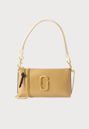 Tan leather handbag with a gold chain and toggle hardware. Features a cream shoulder strap and textured finish. Compact rectangular design.