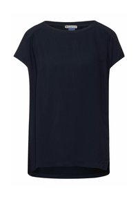 Mörkblå kortärmad topp med rund halsringning, avslappnad passform och sidokilar. Tillverkad av ett mjukt material som ger en lätt textur.