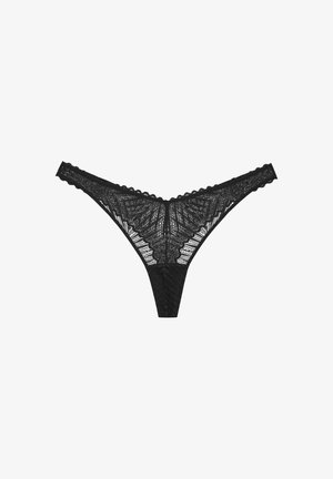 Black lace thong featuring a floral pattern, scalloped edges, and sheer texture with a narrow back and a triangular front design.