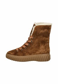 Bottines en suède marron avec une semelle en caoutchouc texturé, un design à lacets et une douce doublure en fausse fourrure blanche sur le dessus.