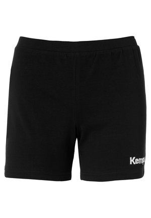 Zwarte katoen broekjes met een elastische tailleband en een wit "Kemp" logo aan de voorkant links. Gladde textuur en eenvoudig ontwerp.