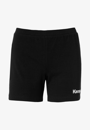 Black cotton shorts with an elastic waistband and a white "Kemp" logo on the front left side. Smooth texture and simple design.