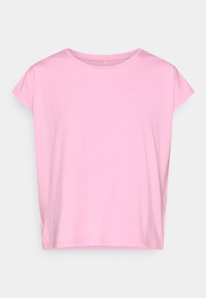 Rosa T-skjorte med korte ermer, rund hals og løs passform. Jevn tekstur, enkel design uten synlige logoer eller mønstre.