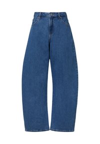 Plati zili denim džinsi ar augstu jostasvietu, aprīkoti ar metāla pogu aizdari, jostu cilpām un sānu kabatām. Gluda tekstūra, bez rakstiem.