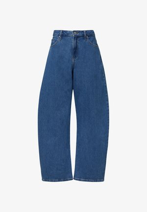 Jeans in denim blu a gamba larga con vita alta, dotati di chiusura con bottone in metallo, passanti per cintura e tasche laterali. Texture liscia, senza fantasie.