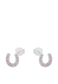 Pendientes en forma de herradura de plata con acentos de cristales rosa y púrpura y un acabado suave. Cada pendiente tiene un broche a presión.