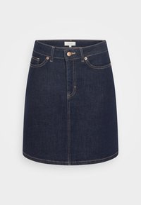 Saia de ganga em azul escuro com corte reto, apresentando bolsos frontais, fecho de botão e costura em tom claro contrastante ao longo das costuras.