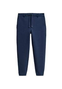 Pantalones de chándal azul marino hechos de una tela suave, con cintura ajustable con cordón, bolsillos laterales y piernas ajustadas. Textura suave en todo.