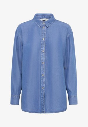 Hele sinine denim särk, millel on krae, pikad varrukad ja nupuga esiosa. Omab pehmet tekstuuri ja standartset lõike.