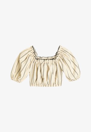 Crop top med firkantet halsudskæring, puffede ærmer og elastiske samlinger. Lavet af en crème farvet stof med tynde sorte vertikale striber.