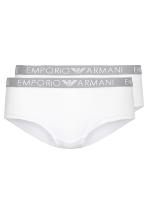 White cotton women's briefs with a grey elastic waistband featuring the "Emporio Armani" logo in white. Smooth texture, classic cut.