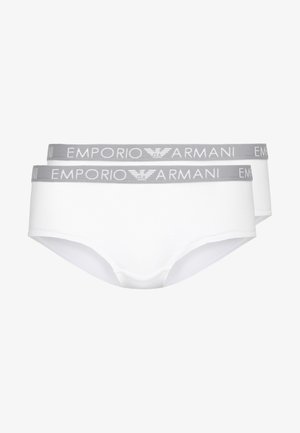 White cotton women's briefs with a grey elastic waistband featuring the "Emporio Armani" logo in white. Smooth texture, classic cut.